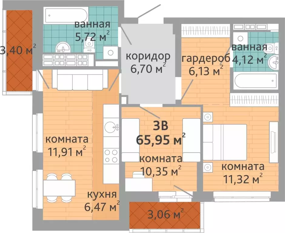 3-к кв. Свердловская область, Екатеринбург ул. Коперника, 33 (65.95 м) - Фото 1