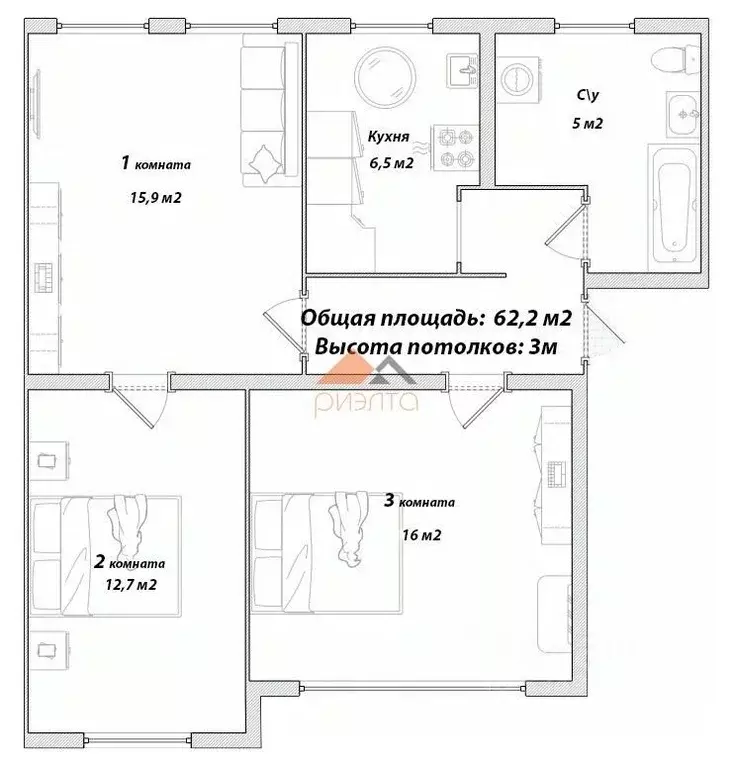 3-к кв. Новосибирская область, Новосибирск Тополевая ул., 18 (62.2 м) - Фото 1