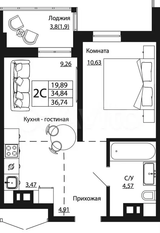 2-к. квартира, 38 м, 3/24 эт. - Фото 0