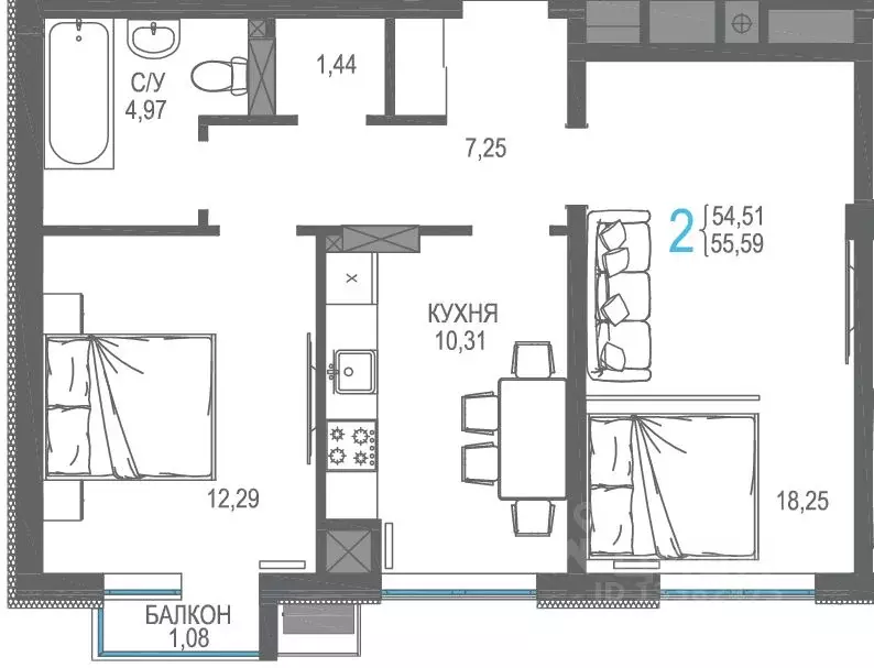 2-к кв. Крым, Симферопольский район, Гвардейское пгт, Республика жилой ... - Фото 1