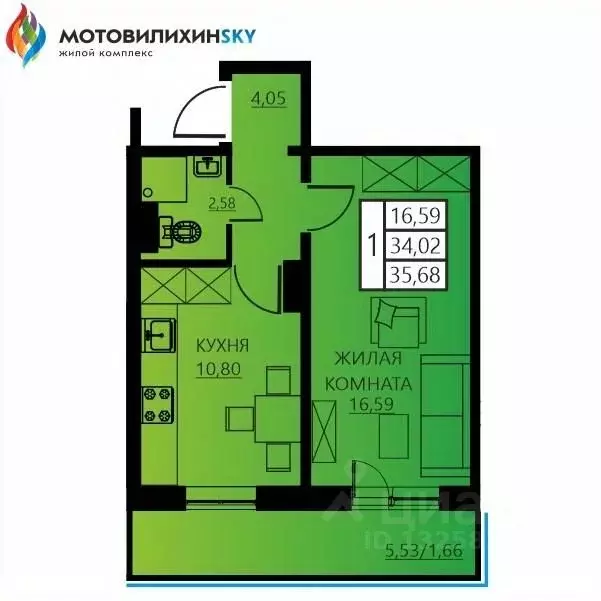 1-к кв. Пермский край, Пермь ул. Гашкова, 53к3 (35.68 м) - Фото 0