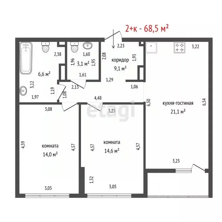 2-к кв. Свердловская область, Екатеринбург ул. Московская, 194 (68.5 ... - Фото 2