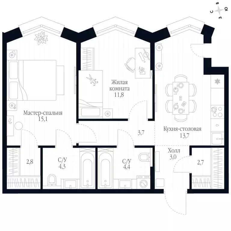 2-к кв. Нижегородская область, Нижний Новгород Черниговская ул. (61.5 ... - Фото 2