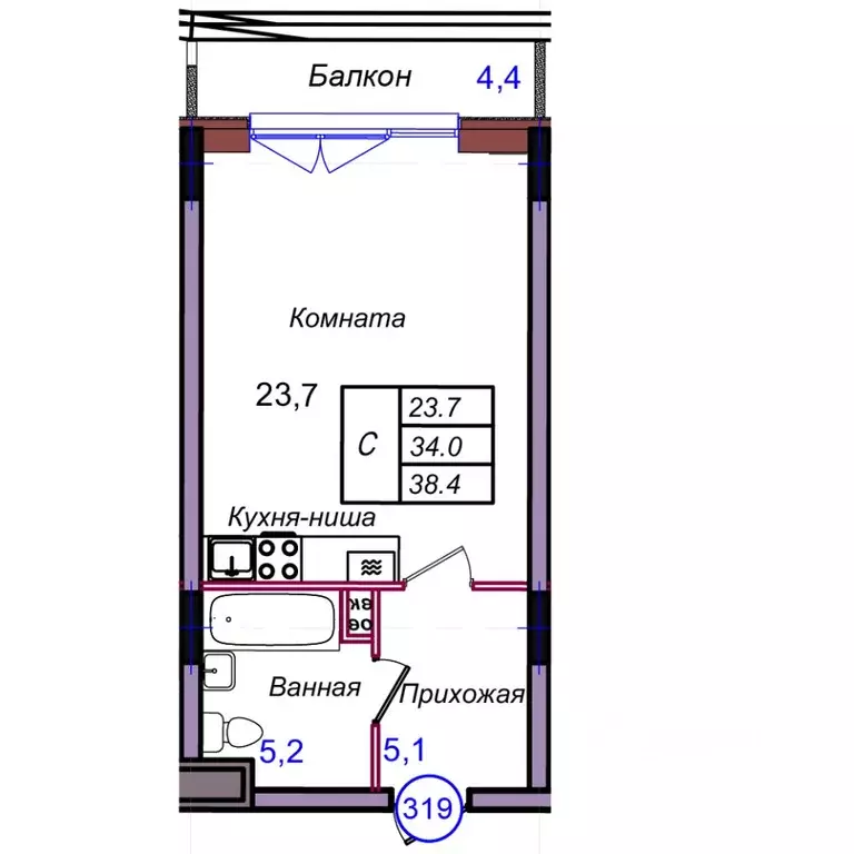 Студия Калининградская область, Светлогорск Балтийская ул. (38.4 м) - Фото 1