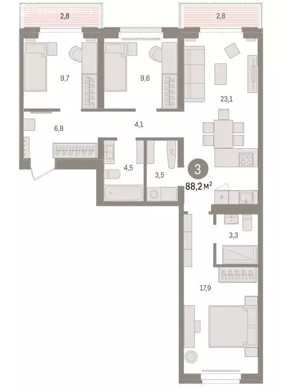3-комнатная квартира: Тюмень, жилой комплекс На Минской (88.16 м) - Фото 1