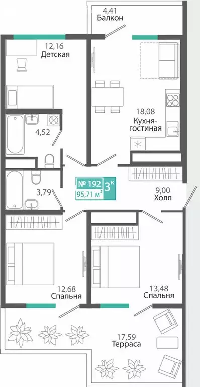 3-комнатная квартира: Симферополь, ЖК Розмарин (95.71 м) - Фото 1