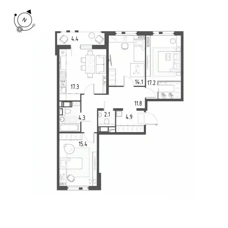 Квартира, 3 комнаты, 89.1 м - Фото 1