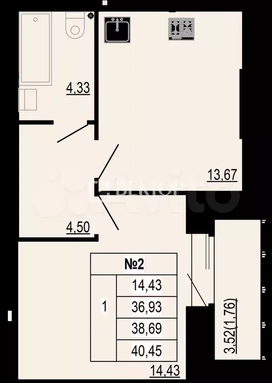 1-к. квартира, 39 м, 1/6 эт. - Фото 0