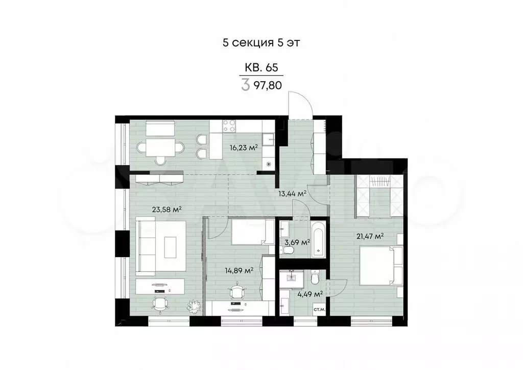 3-к. квартира, 97,8 м, 5/9 эт. - Фото 1