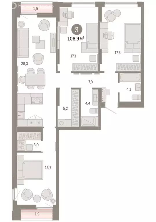 3-комнатная квартира: Екатеринбург, улица Гастелло, 19А (106.89 м) - Фото 1