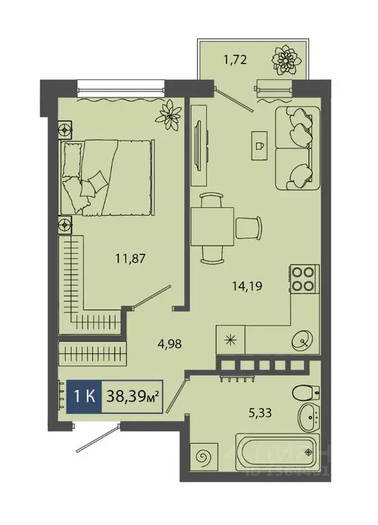 1-к кв. Тюменская область, Тюмень Мелиораторов мкр,  (38.39 м) - Фото 0