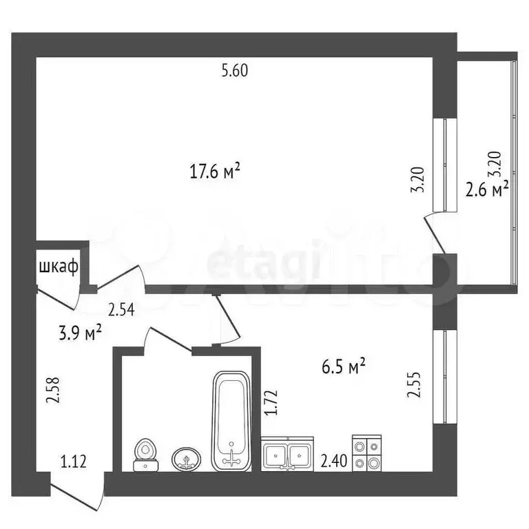 1-к. квартира, 31,3 м, 5/5 эт. - Фото 1