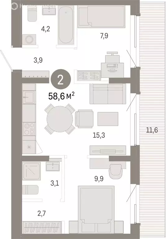 2-комнатная квартира: Омск, Кировский округ (58.56 м) - Фото 1