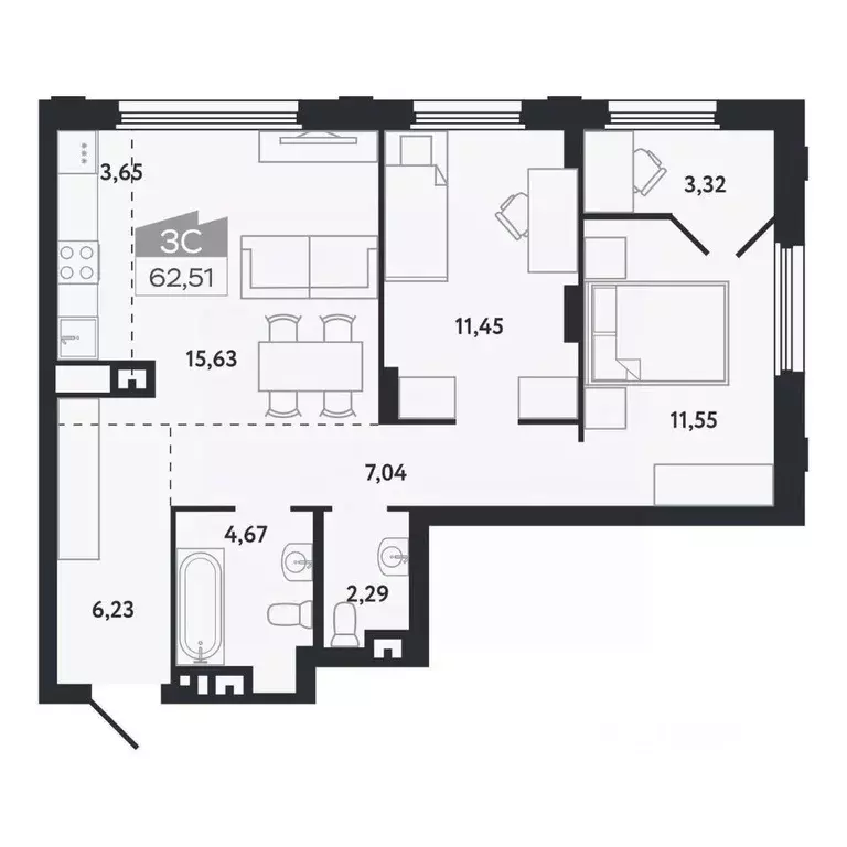 3-к кв. Томская область, Томск Черемошники мкр, ул. Бердская, 14/3 ... - Фото 1