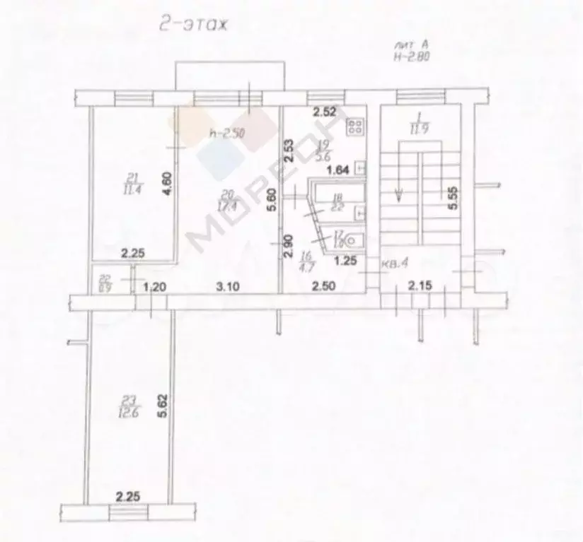 3-к. квартира, 55,8 м, 2/5 эт. - Фото 0