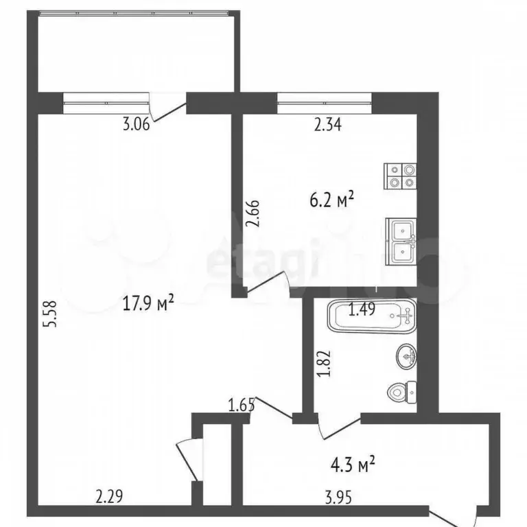 1-к. квартира, 31,8 м, 3/5 эт. - Фото 0