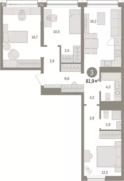 3-комнатная квартира: Тюмень, Мысовская улица, 26к1 (81.93 м) - Фото 1