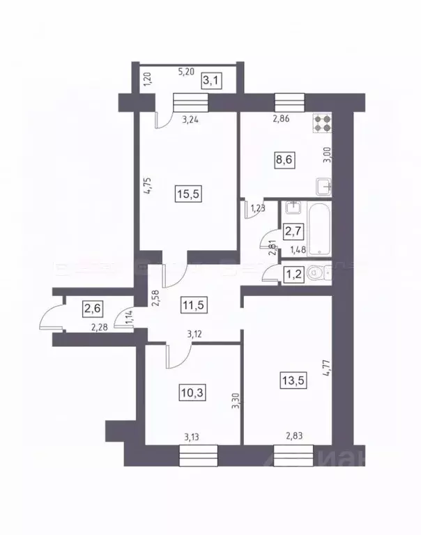 3-к кв. Татарстан, Казань ул. Нариманова, 50 (69.0 м) - Фото 1