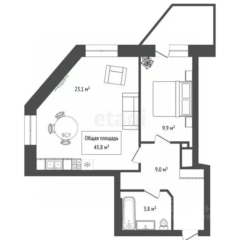 2-к кв. Новосибирская область, Новосибирск Вилюйская ул., 9 (45.8 м) - Фото 2