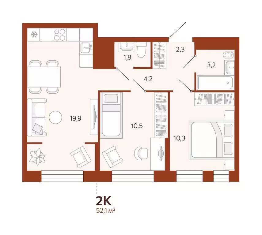 2-комнатная квартира: Тюмень, улица Новаторов, 28 (52.07 м) - Фото 0