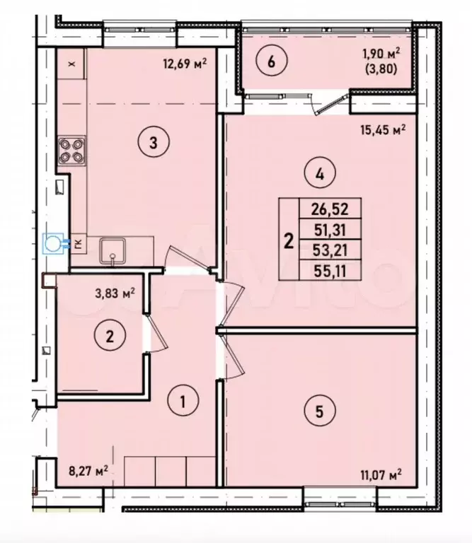 2-к. квартира, 53 м, 1/7 эт. - Фото 1