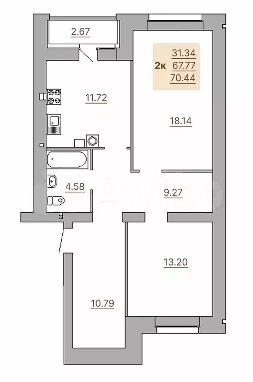 2-к. квартира, 70,4 м, 2/9 эт. - Фото 0