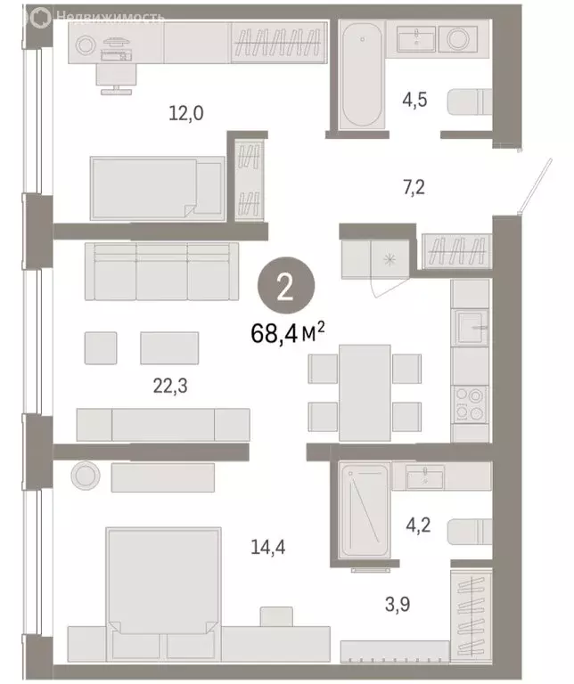 2-комнатная квартира: Новосибирск, Большевистская улица, с49 (68.43 м) - Фото 1