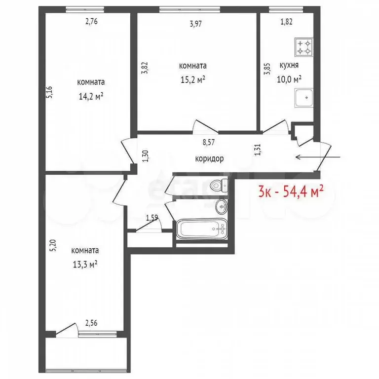 3-к. квартира, 54,4 м, 3/9 эт. - Фото 1