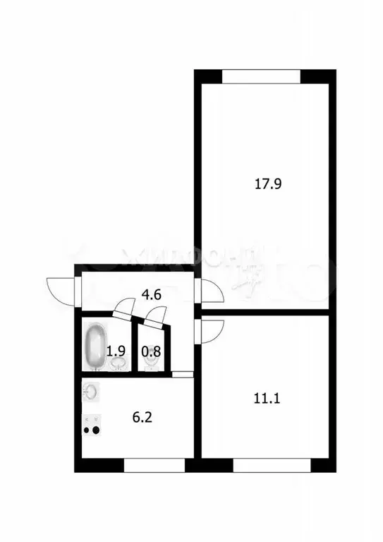 2-к. квартира, 42,5 м, 1/2 эт. - Фото 0