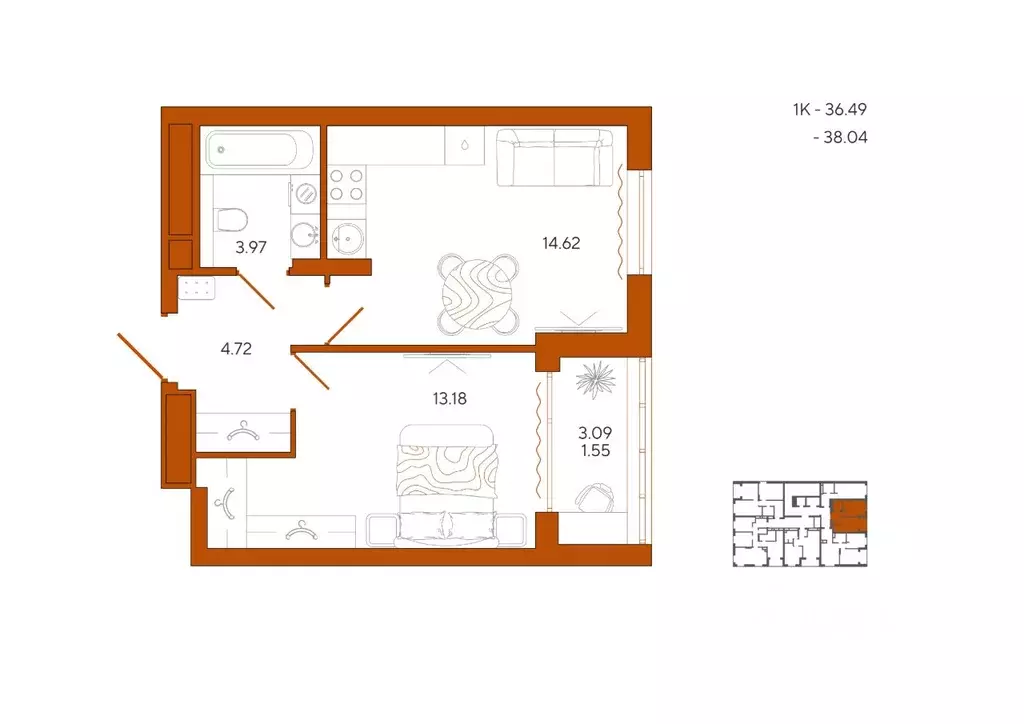 1-к кв. Пензенская область, Пенза Терра жилой комплекс (38.04 м) - Фото 1
