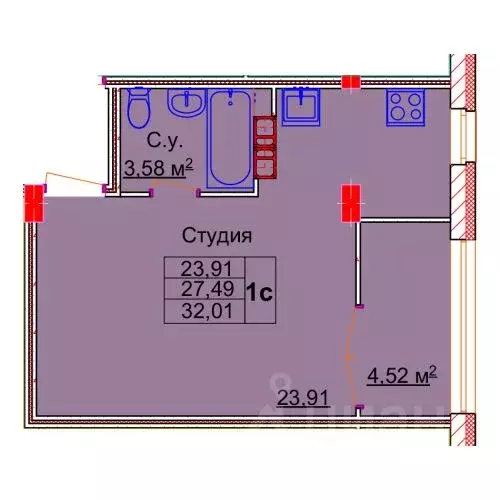 Студия Ивановская область, Иваново Лежневская ул., 98 (32.01 м) - Фото 0