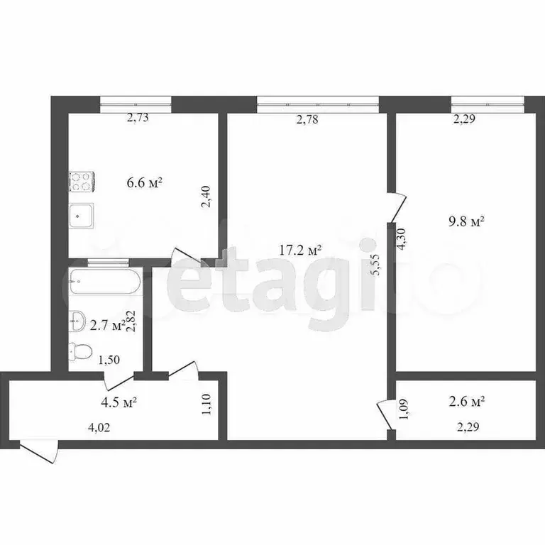 2-к. квартира, 45,1 м, 4/4 эт. - Фото 0