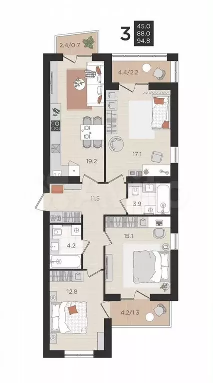 3-к. квартира, 88 м, 2/4 эт. - Фото 1
