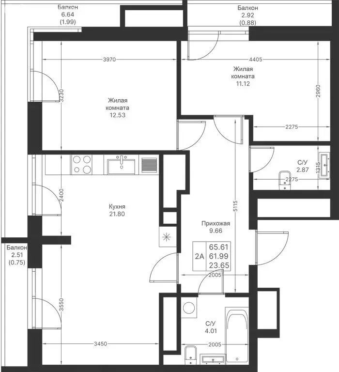 2-комнатная квартира: Казань, ЖК Мой Ритм (65.62 м) - Фото 1