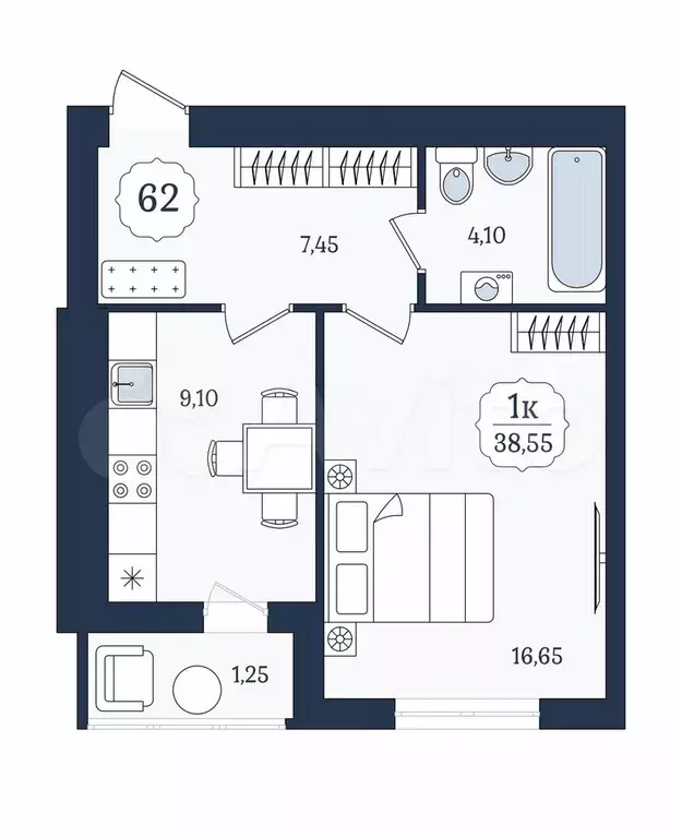 1-к. квартира, 38,6 м, 7/9 эт. - Фото 1