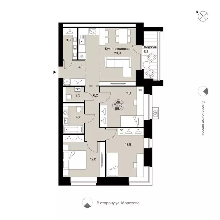 3-комнатная квартира: Сыктывкар, Сысольское шоссе, 84 (88.4 м) - Фото 0