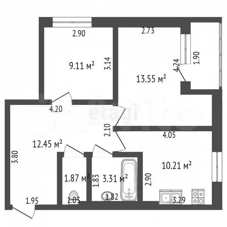 2-к. квартира, 49,5 м, 2/4 эт. - Фото 0