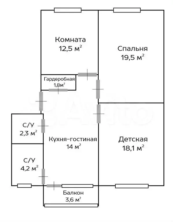 3-к. квартира, 74,2 м, 3/5 эт. - Фото 0