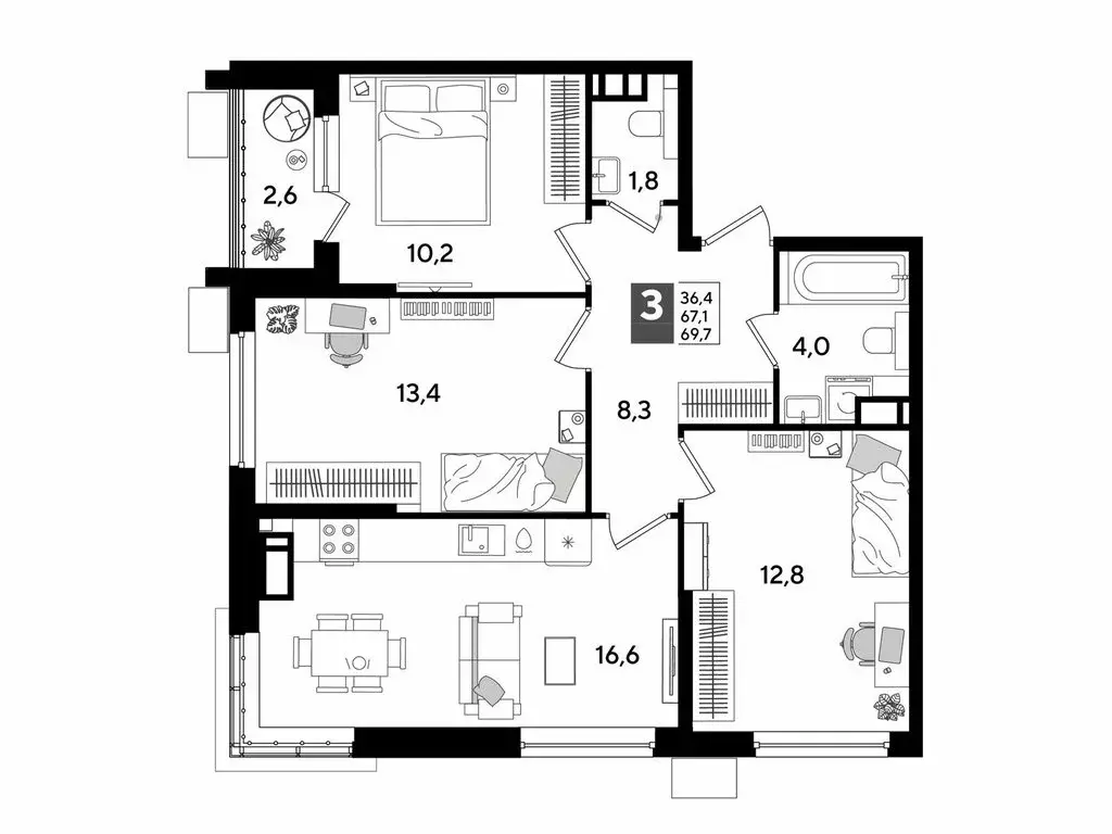 3-комнатная квартира: Краснодар, микрорайон Догма Парк (69.7 м) - Фото 0