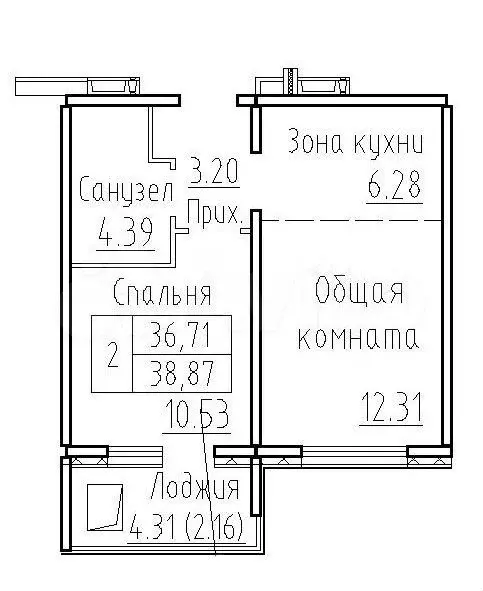 2-к. квартира, 38,9 м, 6/8 эт. - Фото 0