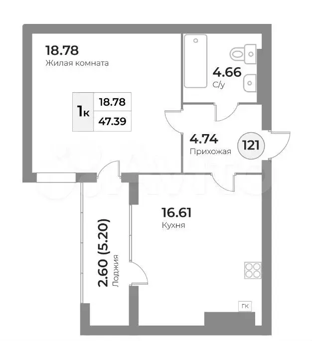 1-к. квартира, 47,4 м, 3/7 эт. - Фото 1