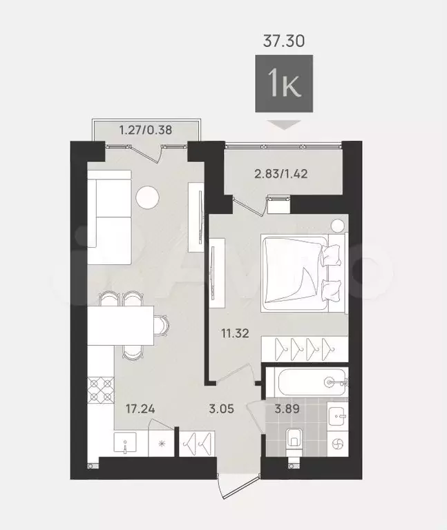 1-к. квартира, 37,3 м, 9/9 эт. - Фото 1