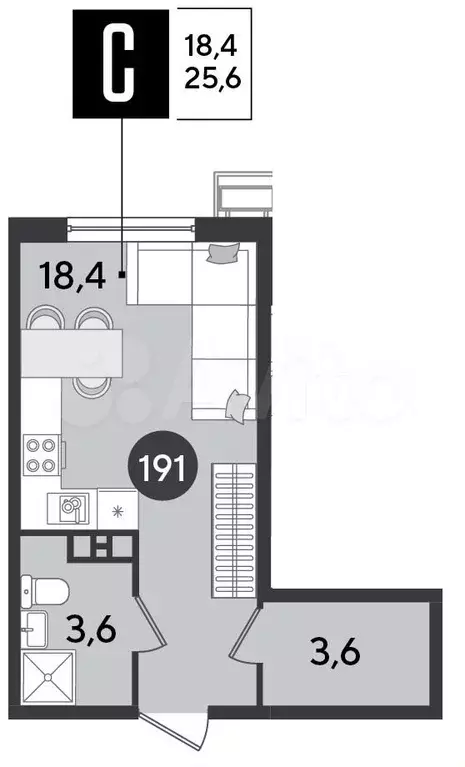 Квартира-студия, 25,6 м, 6/9 эт. - Фото 1