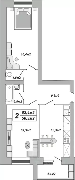 2-к кв. Тамбовская область, Тамбов ул. Чичерина, 7/3 (62.4 м) - Фото 0