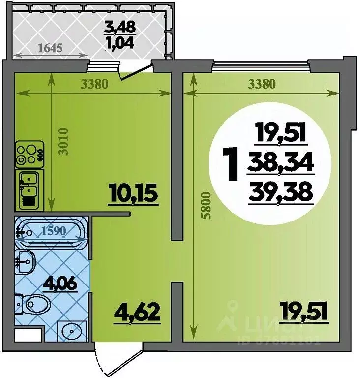 1-к кв. Адыгея, Майкоп  (39.38 м) - Фото 1