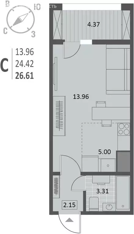 Квартира-студия: Воронеж, Краснознамённая улица, 72 (26.61 м) - Фото 1