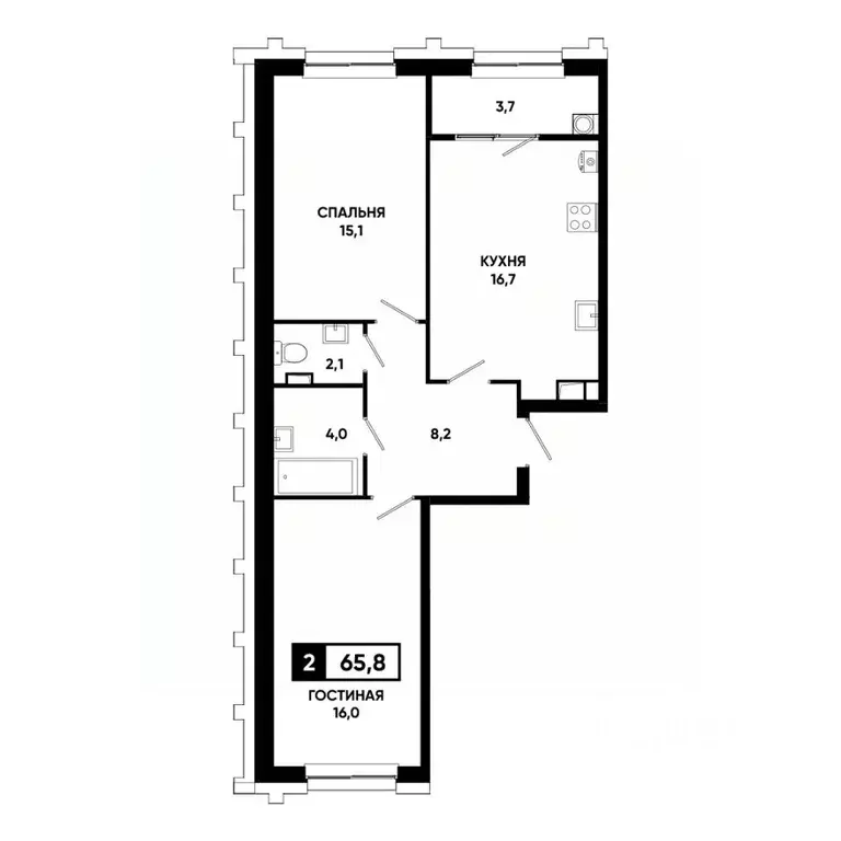 2-к кв. Ставропольский край, Ставрополь просп. Российский, 16к1 (65.8 ... - Фото 1
