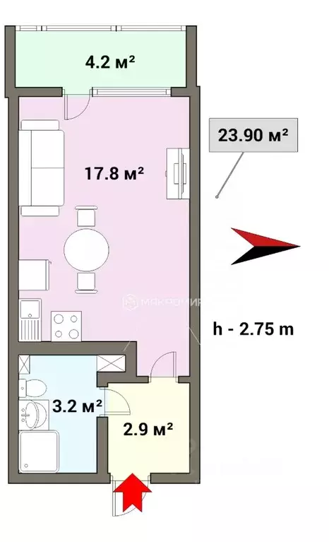 Студия Санкт-Петербург ул. Бориса Шмелева, 7 (23.9 м) - Фото 2