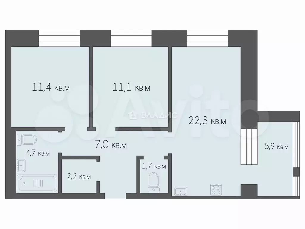 2-к. квартира, 61,5 м, 10/12 эт. - Фото 0