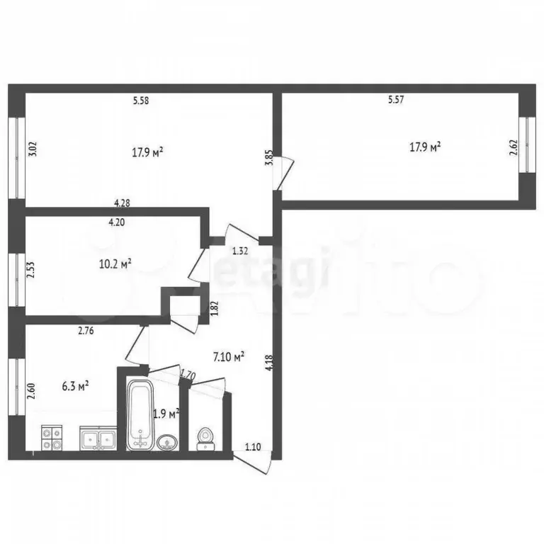 3-к. квартира, 58,9 м, 1/5 эт. - Фото 0